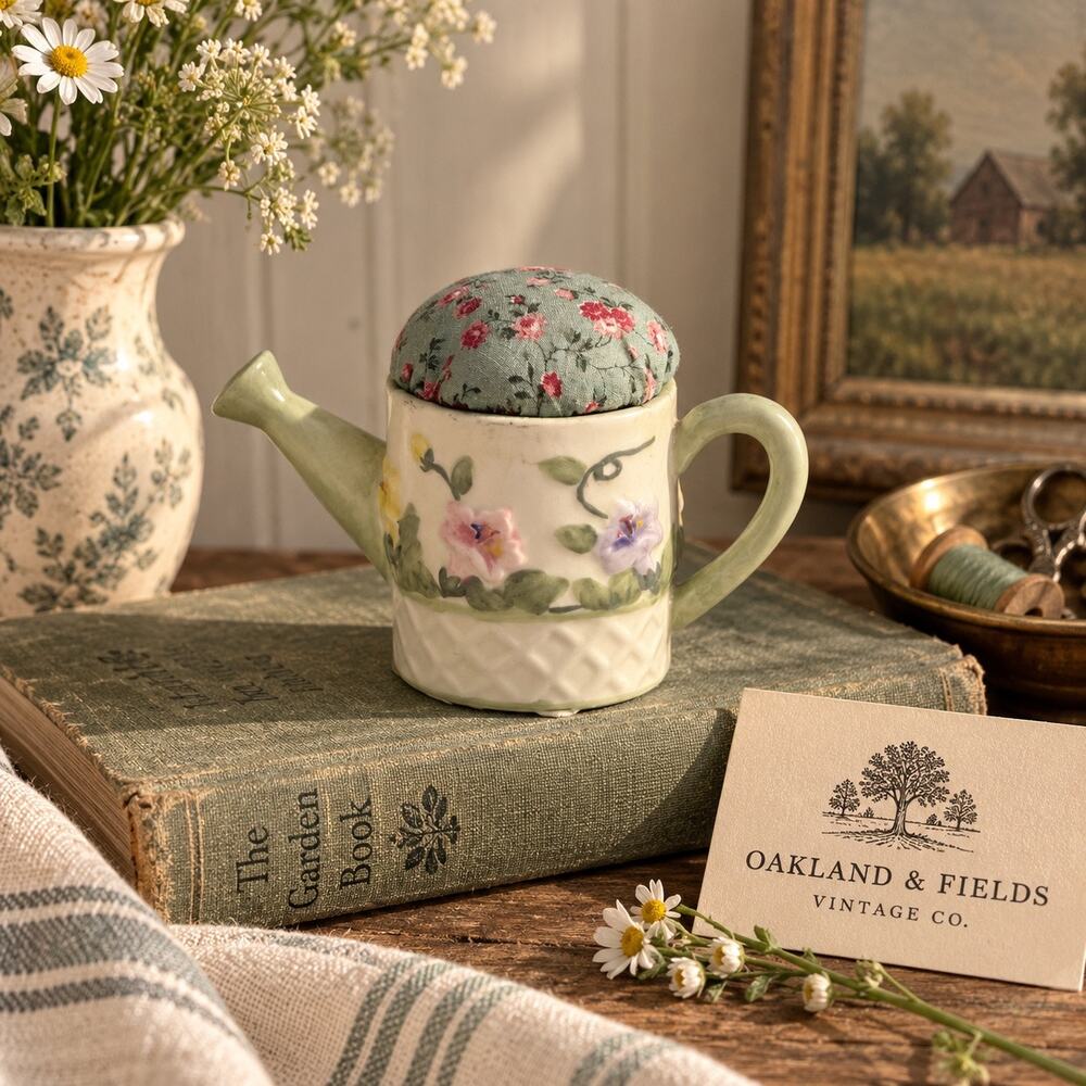 Vintage Yankee Candle Ceramic Watering Can Pincushion | Floral Cottage Decor